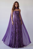Strapless A-Line Purple Chiffon Long Formal Dress with Neck Scarf