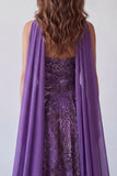 Strapless A-Line Purple Chiffon Long Formal Dress with Neck Scarf
