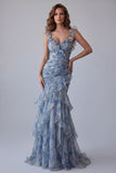 Mermaid Dusty Blue Chiffon Ruched Floral Long Formal Dress with Ruffles