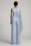 Sky Blue Floral Boat Neck Long Mother of the Bride Jumpsuits with Side Cape