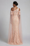 Sparkly Peach Floral Mermaid Long Beaded Mother of the Bride Dress with Cape