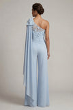 Ruffled One Shoulder Sky Blue Floral Long Mother of the Bride Jumpsuits with Lace