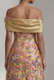 Sparkly Yellow Long Off the Shoulder A Line Mother of the Bride Dress with 3D Flower