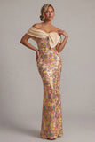 Off the Shoulder Floral Mermaid Sparkly Yellow Long Mother of the Bride Dress with Bow