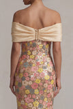 Off the Shoulder Floral Mermaid Sparkly Yellow Long Mother of the Bride Dress with Bow