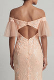 Long Beaded Sparkly Peach Floral Mermaid Mother of the Bride Dress with Slit