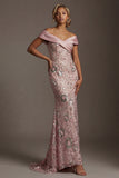 Sparkly Pink Long Off the Shoulder Mermaid Beaded Mother of the Bride Dress