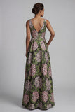 Dark Green V-Neck Floral Long A Line Mother of the Bride Dress with Pockets