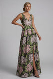Dark Green V-Neck Floral Long A Line Mother of the Bride Dress with Pockets