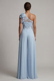 Sky Blue Floral Long One Shoulder Mother of the Bride Pantsuits with Bow