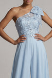 Sky Blue Floral Long One Shoulder Mother of the Bride Pantsuits with Bow