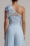 Sky Blue Floral Long One Shoulder Mother of the Bride Pantsuits with Bow