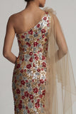 Sparkly Red Floral Mermaid Ruffled Sequin Long Mother of the Bride Dress with Side Cape