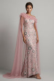 Sparkly Pink Ruffled Mermaid Beaded Long Mother of the Bride Dress with Cape