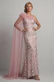 Sparkly Pink Ruffled Mermaid Beaded Long Mother of the Bride Dress with Cape