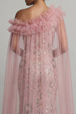 Sparkly Pink Ruffled Mermaid Beaded Long Mother of the Bride Dress with Cape