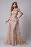 One Shoulder Champagne Sequin Mermiad Pageant Dress with Cape
