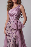 Vintage Mauve One Shoulder Sequin Mermaid Bowed Pageant Dress