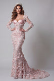 Long Sleeve Blush Mermaid Pageant Dress with 3D Flowers