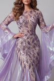 Sparkly Lavender Flare Sleeves Mermaid Long Beaded Pageant Dress