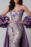 Sparkly Purple Mermaid Spaghetti Straps Long Floral Beaded Pageant Dress