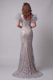 Sparkly Silver Long Mermaid One Shoulder Beaded Pageant Dress with 3D Flowers