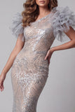 Sparkly Silver Long Mermaid One Shoulder Beaded Pageant Dress with 3D Flowers