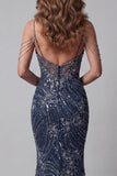 Sparkly Navy Long Mermaid Cold Shoulder Pageant Dress with Beading