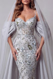 Sparkly Silver Beaded Mermaid Floral Long Spaghetti Straps Pageant Dress with Cape