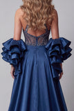 Sparkly Navy Ruffled Mermaid Long Beaded Pageant Dress with Cape
