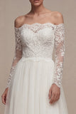 White Long Sleeves Floral A Line Wedding Dress with Lace