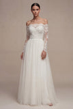 White Long Sleeves Floral A Line Wedding Dress with Lace
