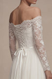 White Long Sleeves Floral A Line Wedding Dress with Lace