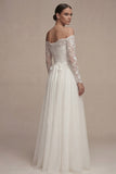 White Long Sleeves Floral A Line Wedding Dress with Lace
