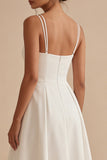 Simple White Satin Midi A Line Beach Wedding Dress
