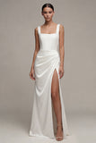 Square Neck Ruched White Maxi Sheath Engagement Dress with Slit