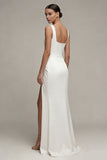 Square Neck Ruched White Maxi Sheath Engagement Dress with Slit
