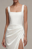 Square Neck Ruched White Maxi Sheath Engagement Dress with Slit