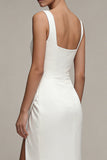 Square Neck Ruched White Maxi Sheath Engagement Dress with Slit