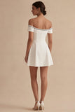 White Off the Shoulder Short A Line Graduation Dress with Bow