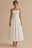 White Strapless Ruched A Line Maxi Beach Wedding Dress