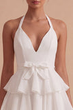 White A Line Halter Tiered Ruffle Mini Dress with Bow