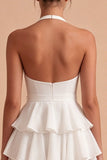 White A Line Halter Tiered Ruffle Mini Dress with Bow