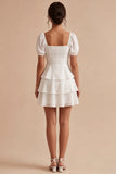 A Line White Tiered Ruffle Square Neck Mini Dress with Puff Sleeves