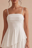 A Line Spaghetti Straps Ruched Ruffled White Mini Dress