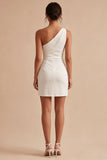 One Shoulder White Bodycon Ruched Mini Graduation Dress with Slit