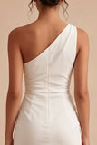 One Shoulder White Bodycon Ruched Mini Graduation Dress with Slit