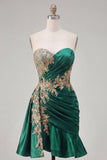 Dark Green Satin Bodycon Sweetheart Ruched Sequins Homecoming Dress with Sash