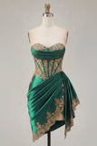 Dark Green Satin Sweetheart Ruched Sequins Sheer Corset Homecoming Dress with Sash