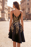 A-Line Black Satin Sequins Asymmetrical Homecoming Dress